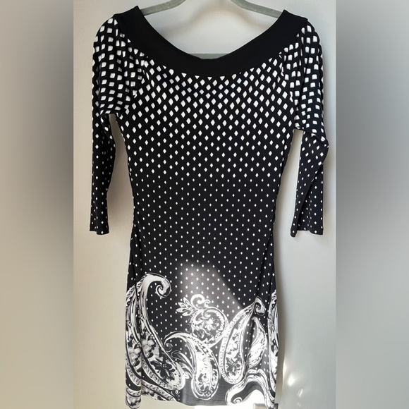 White House Black Market Boat Neck Stretch Black Diamond & Paisley Dress | XS - Picture 3 of 5